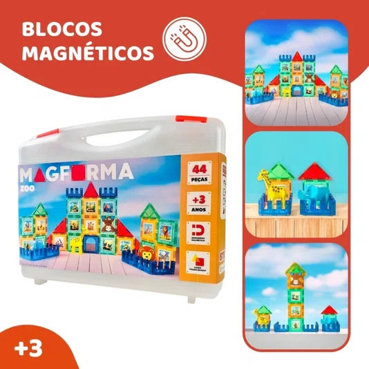 Blocos Magnéticos Zoológico 44 Peças MagForma Steam Toy 