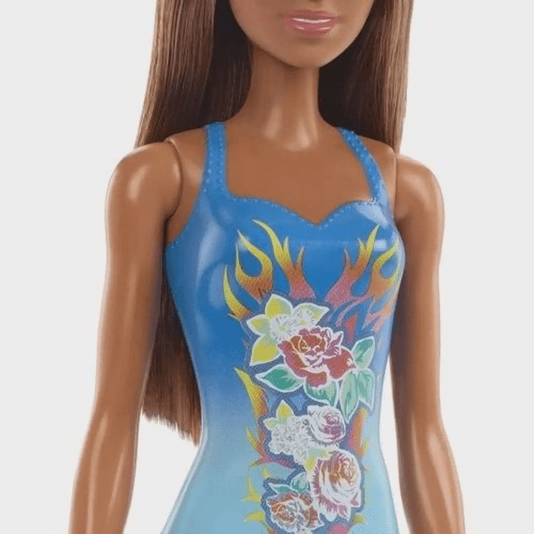 Boneca Barbie Praia Maiô Azul Morena Mattel