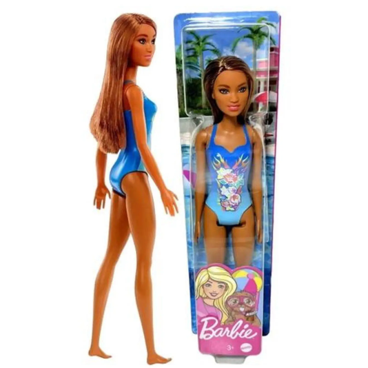 Boneca Barbie Praia Maiô Azul Morena Mattel