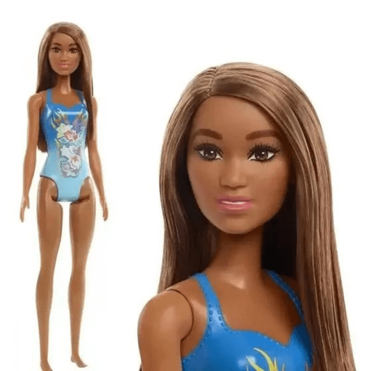 Boneca Barbie Praia Maiô Azul Morena Mattel