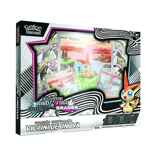 Box Pokémon Coleção Ilustração Victini de Unova Raio Preto e Fogo Branco 39 Cartas Copag