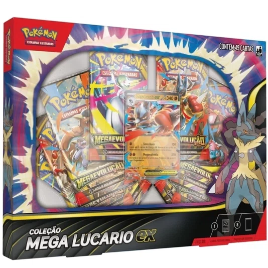 Box Pokémon Coleção Mega Lucario Ex 49 Cartas Copag 