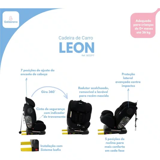 Cadeira para Auto Leon Preta 0-36kg Isofix Galzerano