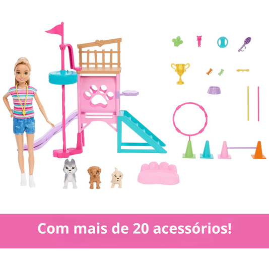 Conjunto Boneca Barbie Stacie ao Regaste Treinamento Cachorrinhos Mattel