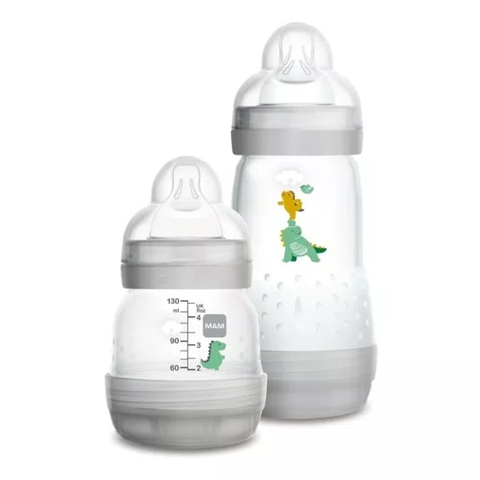 Mamadeira Easy Start Anticólica Cinza Embalagem Dupla 130 ML e 260 ML MAM