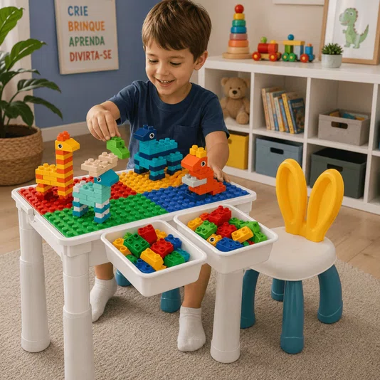 Mesa de Atividades com 102 Blocos de Montar Braskit 