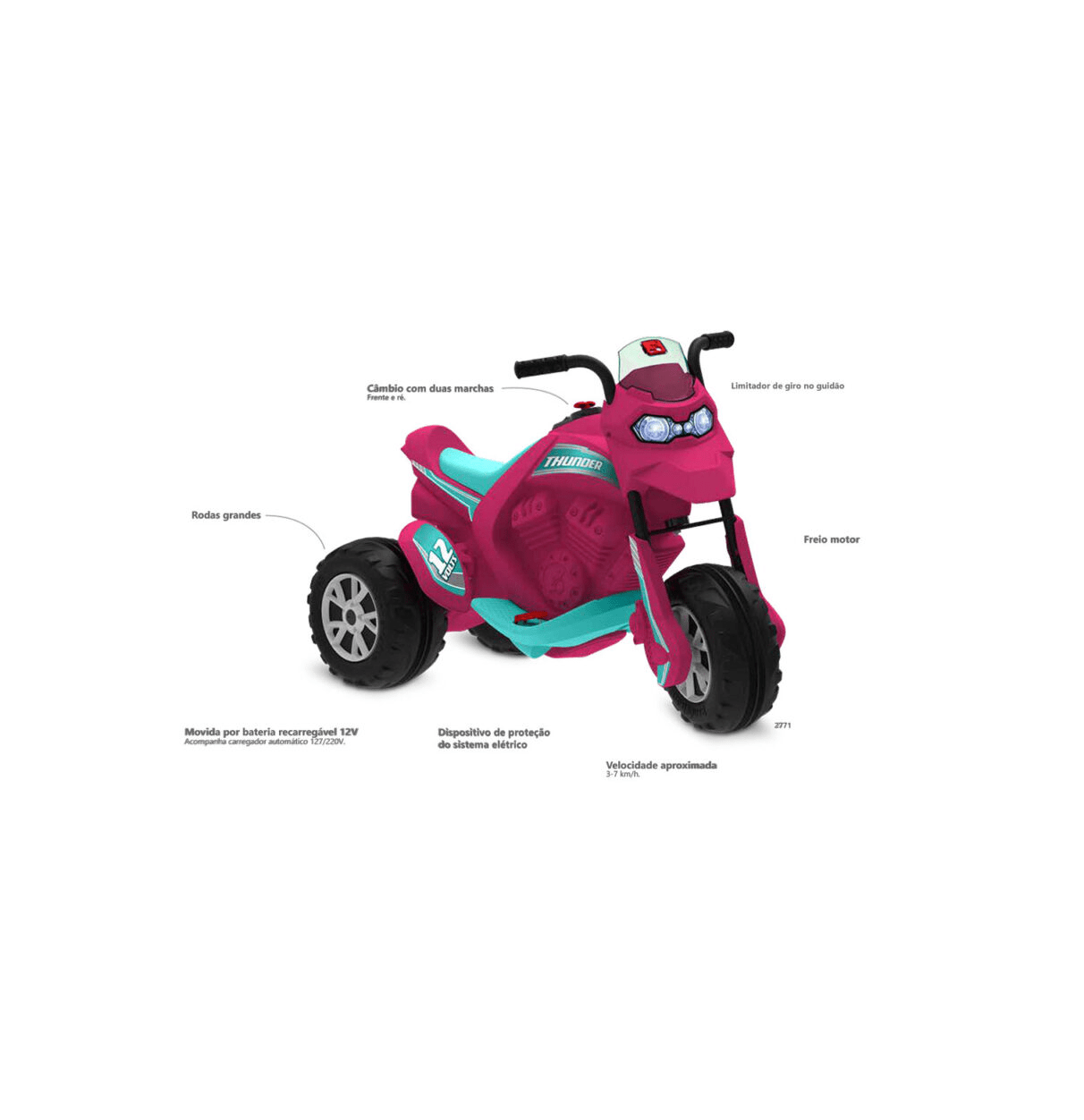 Moto Elétrica Infantil - Thunder - 12V - Rosa Pink - Bandeirante