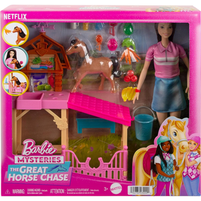 Conjunto Barbie Renée Estábulo com Pônei Barbie Detetive A Grande Corrida de Cavalos