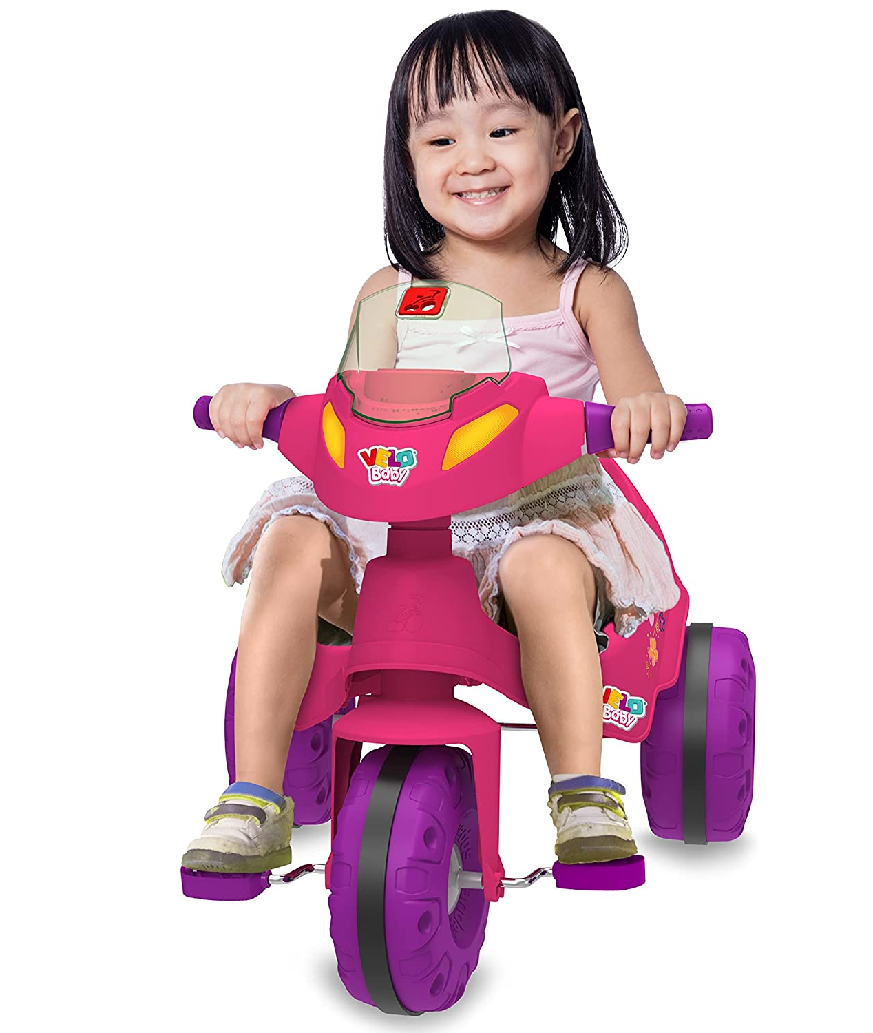 Triciclo de Passeio e Pedal para Bebe Calesita Moto Uno Rosa - Maçã Verde  Baby